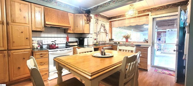 kitchen featuring tasteful backsplash, ornamental molding, dark hardwood / wood-style flooring, and electric stove