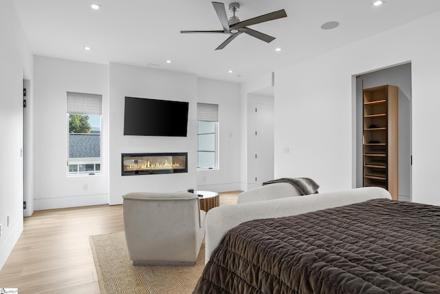 bedroom featuring a closet, a spacious closet, ceiling fan, and light wood-type flooring