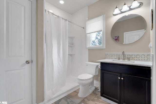 bathroom with vanity, backsplash, toilet, and a shower with shower curtain