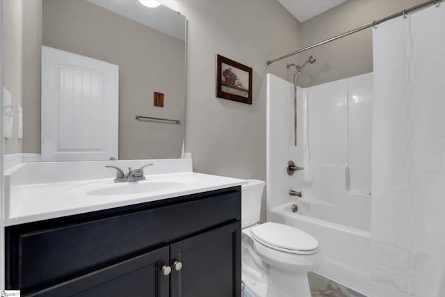 full bathroom featuring shower / bath combination with curtain, vanity, and toilet