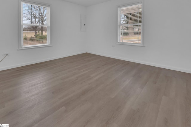 unfurnished room featuring a wealth of natural light, wood-type flooring, and electric panel