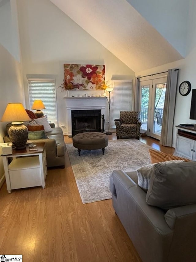 living room with light hardwood / wood-style flooring and high vaulted ceiling