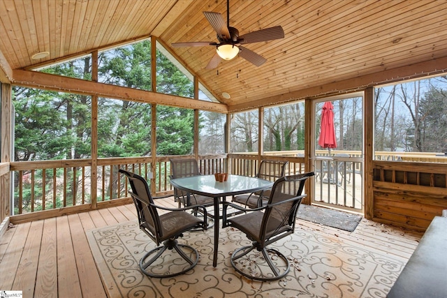 sunroom featuring wood ceiling, a wealth of natural light, ceiling fan, and vaulted ceiling