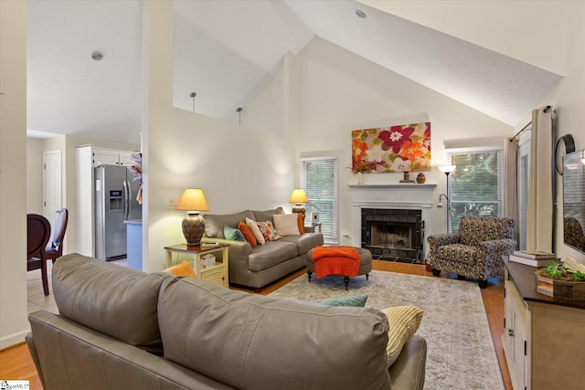 living room featuring a wealth of natural light, high vaulted ceiling, and light wood-type flooring