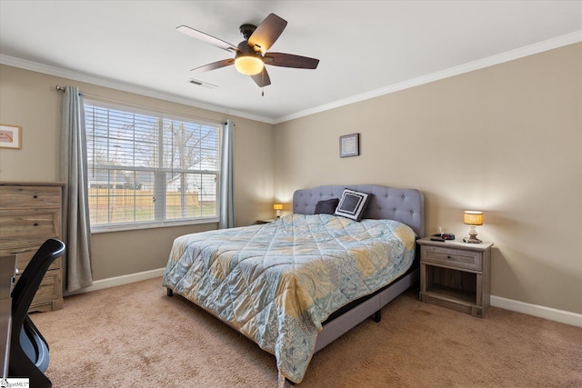 bedroom with light carpet, ornamental molding, and ceiling fan