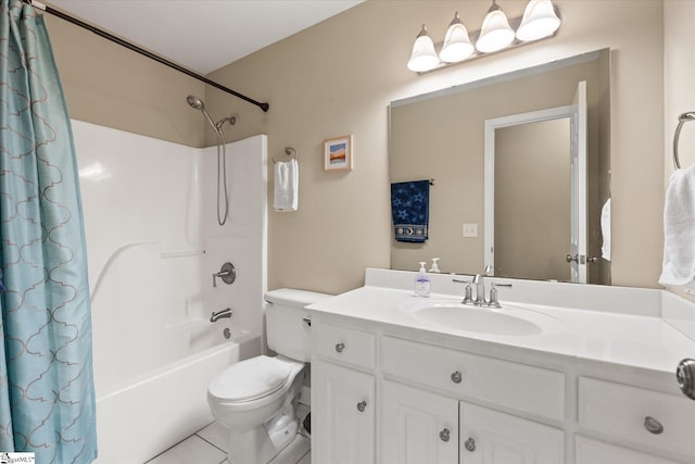 full bathroom featuring shower / tub combo with curtain, vanity, toilet, and tile patterned floors