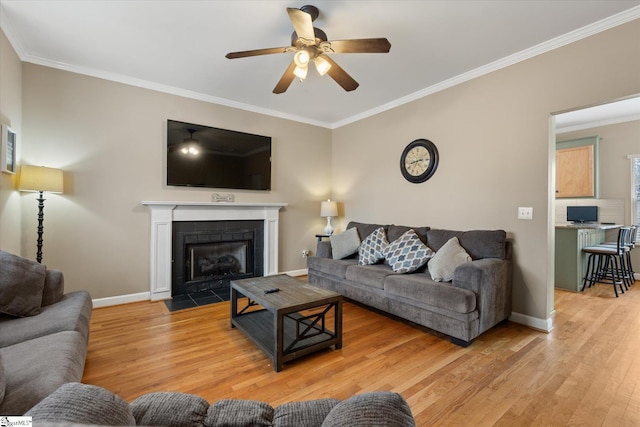 living room featuring hardwood / wood-style floors, crown molding, and a fireplace