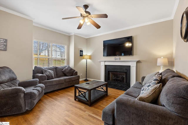 living room with a tiled fireplace, ornamental molding, ceiling fan, and light wood-type flooring