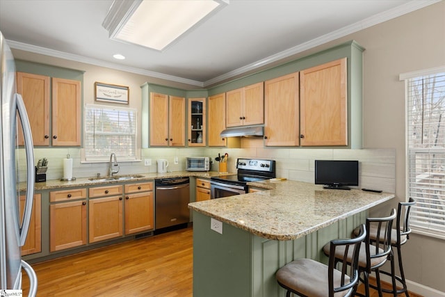 kitchen featuring a breakfast bar, sink, light stone counters, kitchen peninsula, and stainless steel appliances