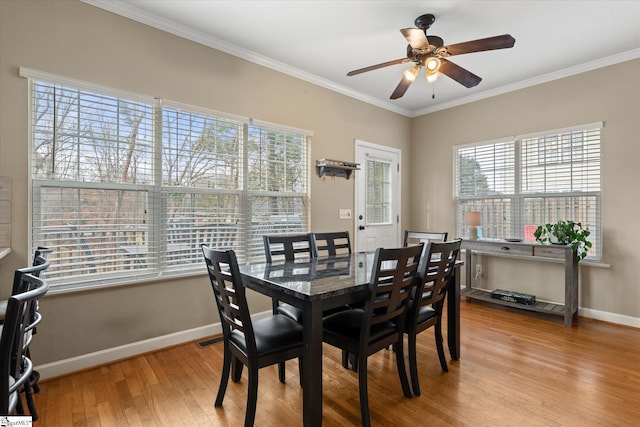 dining area with ornamental molding, plenty of natural light, ceiling fan, and light hardwood / wood-style floors