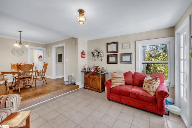 living room featuring an inviting chandelier