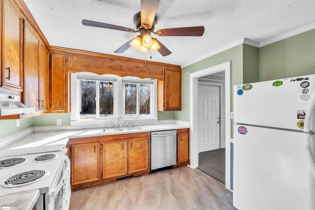 kitchen featuring crown molding, white appliances, sink, and light hardwood / wood-style flooring