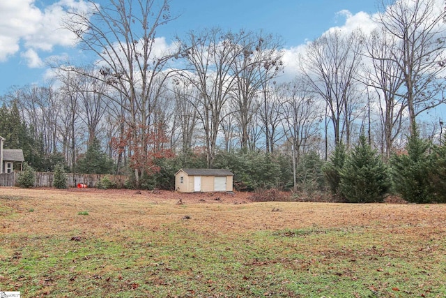 view of yard featuring a storage shed