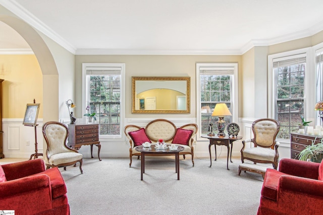 living area with a wealth of natural light, carpet floors, and ornamental molding