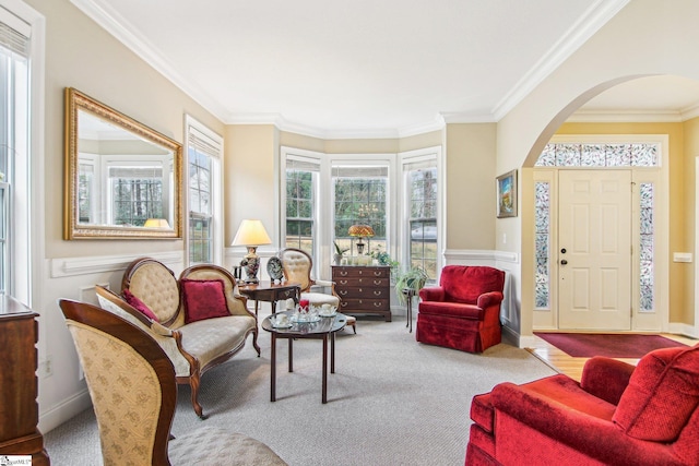 interior space with carpet floors and ornamental molding