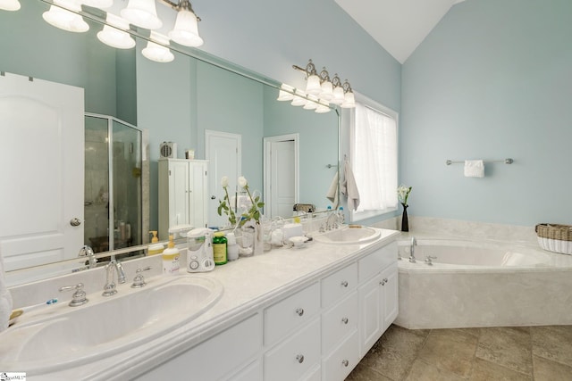 bathroom featuring vanity, separate shower and tub, lofted ceiling, and an inviting chandelier