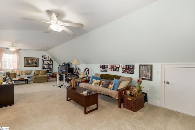 carpeted living room featuring lofted ceiling and ceiling fan