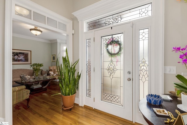 foyer with ornamental molding and wood-type flooring