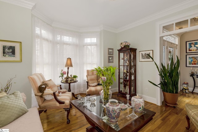 living area featuring crown molding and wood-type flooring