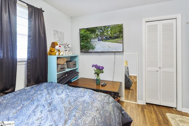 bedroom with multiple windows, light hardwood / wood-style flooring, and a closet