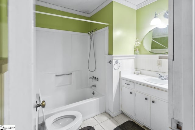 full bathroom featuring washtub / shower combination, tile patterned flooring, vanity, ornamental molding, and toilet