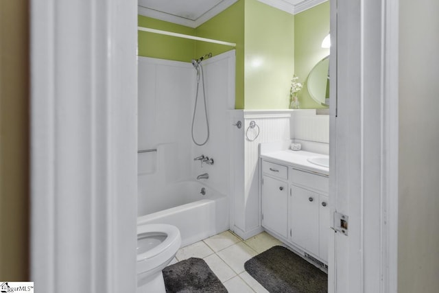 full bathroom featuring bathtub / shower combination, toilet, crown molding, vanity, and tile patterned flooring