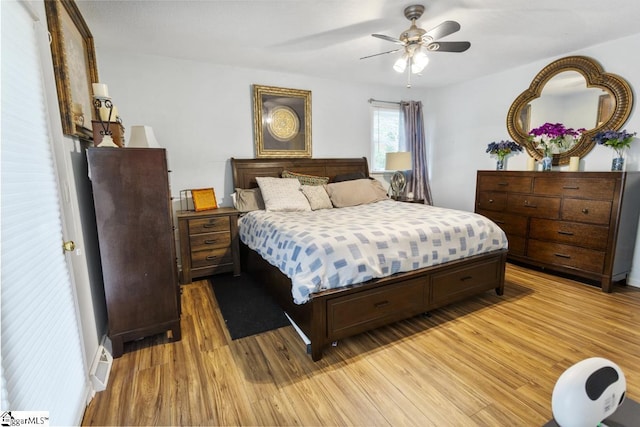 bedroom featuring ceiling fan and light wood-type flooring