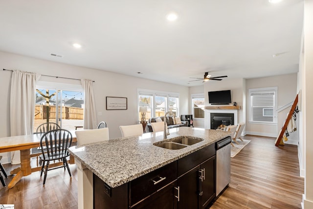 kitchen with sink, dark brown cabinets, plenty of natural light, an island with sink, and stainless steel dishwasher