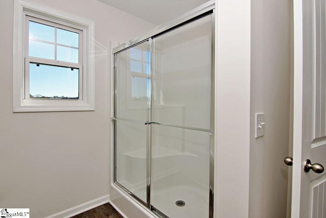 bathroom featuring an enclosed shower and hardwood / wood-style floors