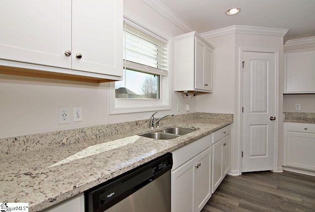 kitchen with dishwasher, sink, light stone countertops, and white cabinets