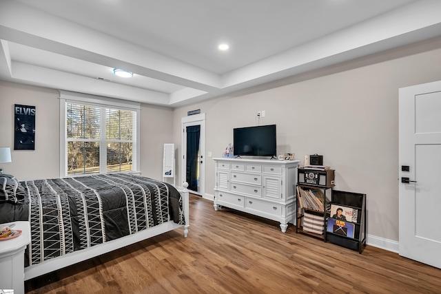 bedroom featuring wood-type flooring and a raised ceiling