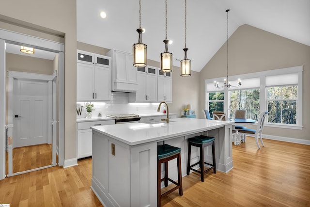 kitchen featuring an island with sink, custom range hood, sink, and white cabinets