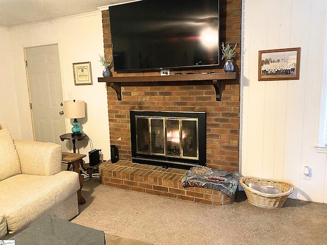 room details featuring a brick fireplace, carpet floors, a textured ceiling, and wood walls