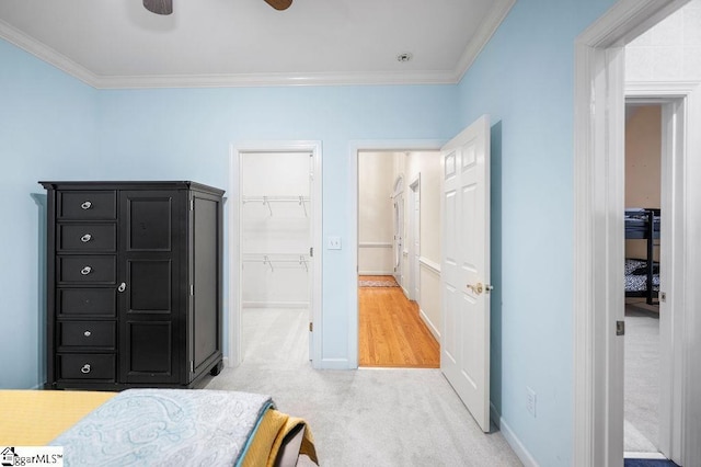 bedroom with ceiling fan, ornamental molding, light carpet, a walk in closet, and a closet