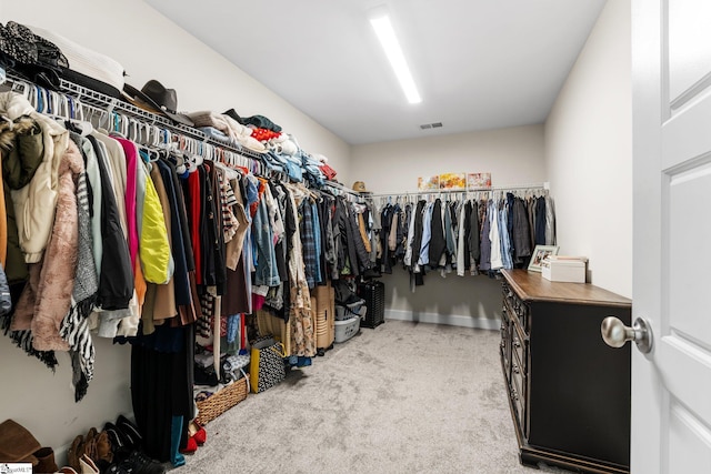 walk in closet with light colored carpet