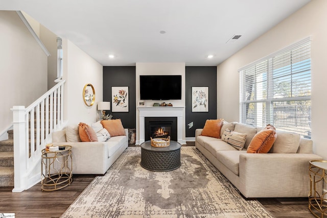 living room with dark wood-type flooring