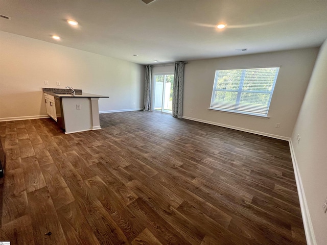 unfurnished living room featuring sink and dark hardwood / wood-style floors