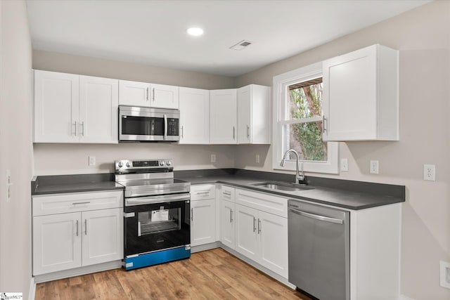 kitchen with white cabinetry, sink, light hardwood / wood-style flooring, and stainless steel appliances