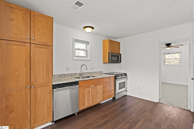 kitchen featuring a healthy amount of sunlight, appliances with stainless steel finishes, sink, and dark wood-type flooring