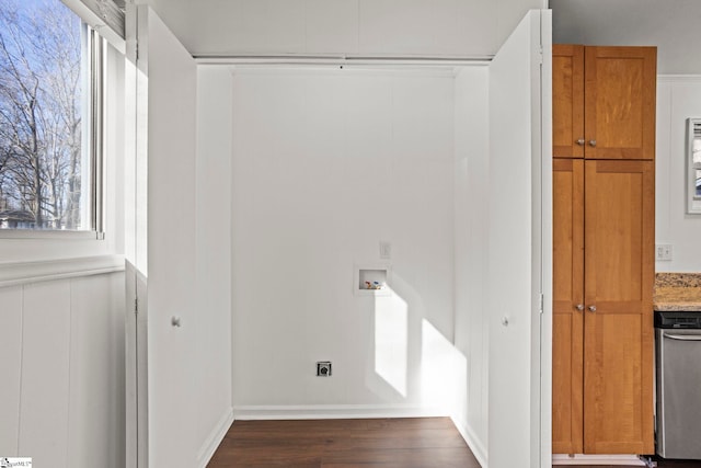 clothes washing area featuring dark hardwood / wood-style floors, hookup for a washing machine, and electric dryer hookup