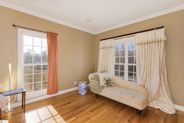 sitting room featuring ornamental molding and wood-type flooring