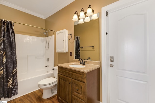 full bathroom featuring shower / tub combo with curtain, crown molding, hardwood / wood-style flooring, vanity, and toilet