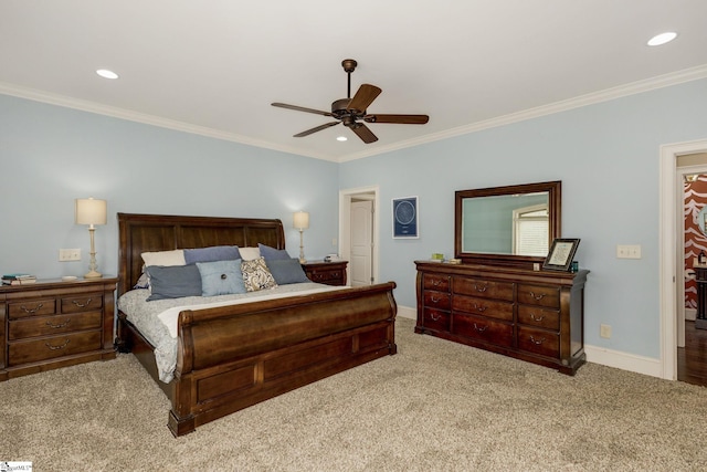 bedroom with ornamental molding, light carpet, and ceiling fan