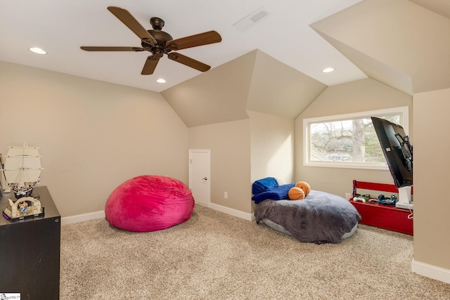 game room featuring vaulted ceiling and carpet flooring