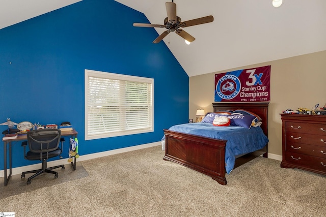 bedroom with ceiling fan, high vaulted ceiling, and carpet floors