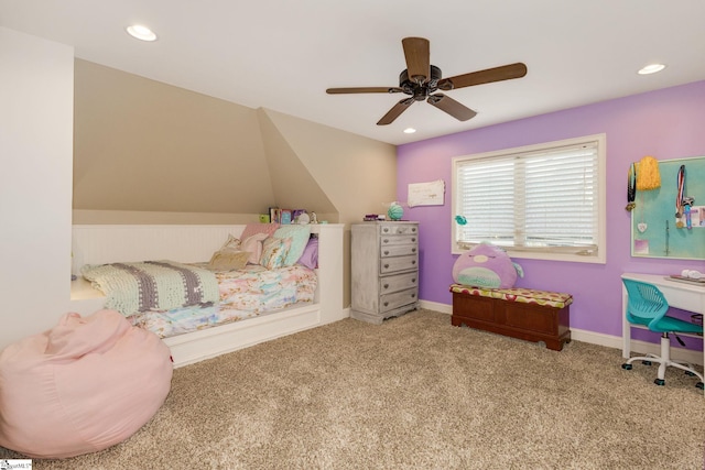 bedroom with light carpet and ceiling fan