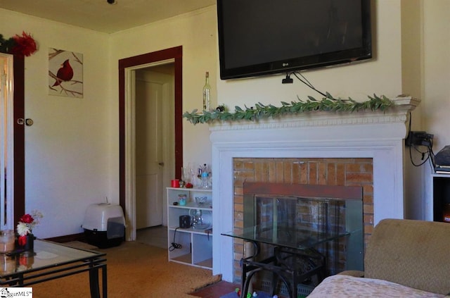 carpeted living room featuring a fireplace