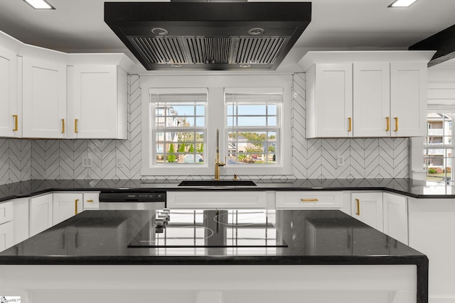 kitchen with sink, extractor fan, white cabinets, decorative backsplash, and stainless steel dishwasher