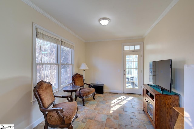 living area with crown molding and a healthy amount of sunlight