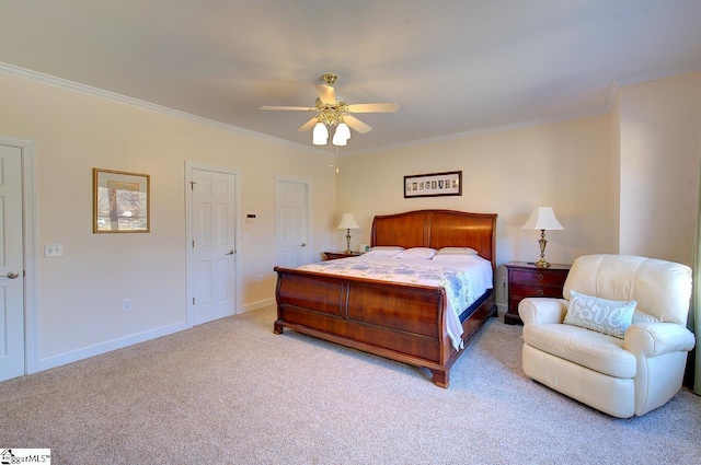 bedroom featuring light carpet, ornamental molding, and ceiling fan